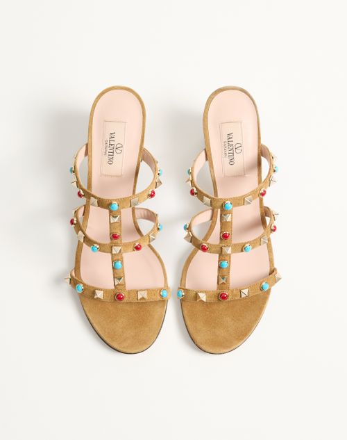 Valentino Garavani - Rockstud Slide Sandal In Suede With Cabochon Stones 60mm - Havana Beige - Woman - Sandals